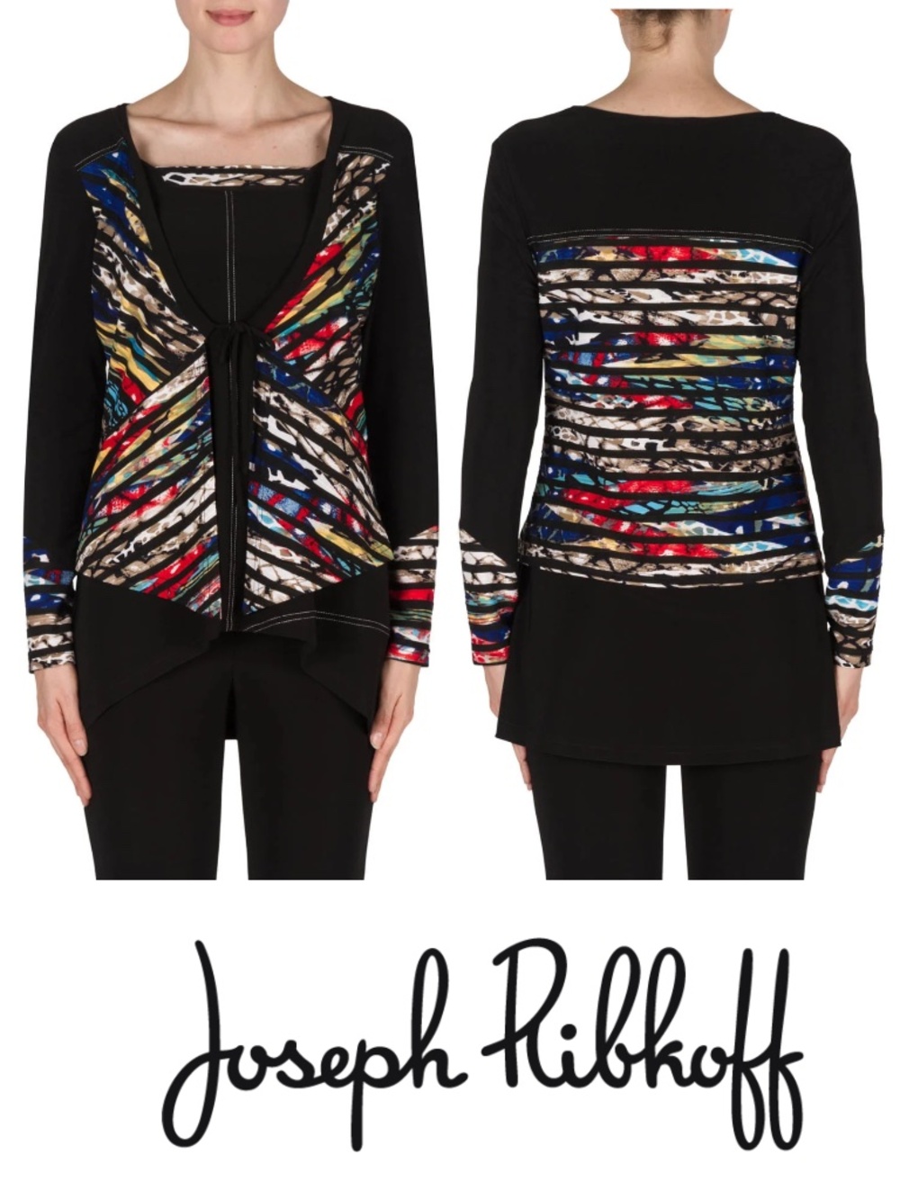 Joseph Ribkoff Long Black Top with Attached Abstract Print Over Jacket Size 16